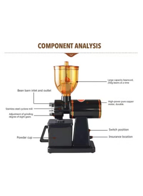 Radiotronics Products Precision Adjustable Electric Coffee Grinder Professional Burr Coffee Bean Powder Grinding Machine, Easy to Clean, Black 1,220V