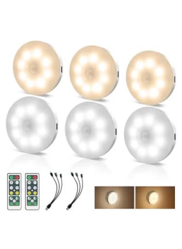 Under Cabinet Lights, Motion Sensor Rechargeable Battery Puck Night Lighting, Wireless Magnetic Cold/Warm Light with Remote for Closet, Kitchen, Counter, Indoor (Pack of 6)