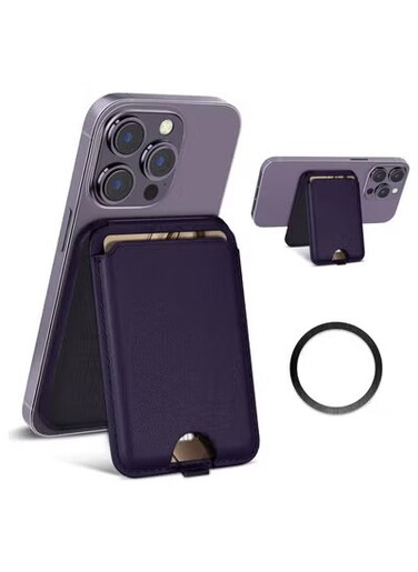Radiotronics Magnetic Leater Card Wallet Stand, MagSafe Wallet & Adjustable Phone Stand Compatible with iPhone 14 Pro Max/Plus / 14/13 / 12 Series [Not for 12 Mini / 13 Mini] - Purple