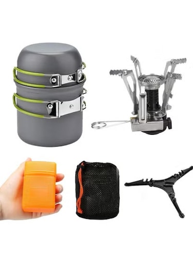 Camping Cookware Set,3000W Folding Mini Pocket Stove Camping Gas Stove Split Burner with Gas Conversion Head Adapter,Pots Pans Tank Bracket(Optional) (Camping Mess Kit)