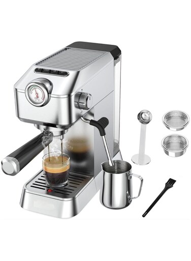 Yeasha,Espresso Machine, 20 Bar Stainless Steel Silver Coffee Maker for Home or Office with Removable Water Tank, Measuring Spoon, Brewing Filter, Milk Cup.