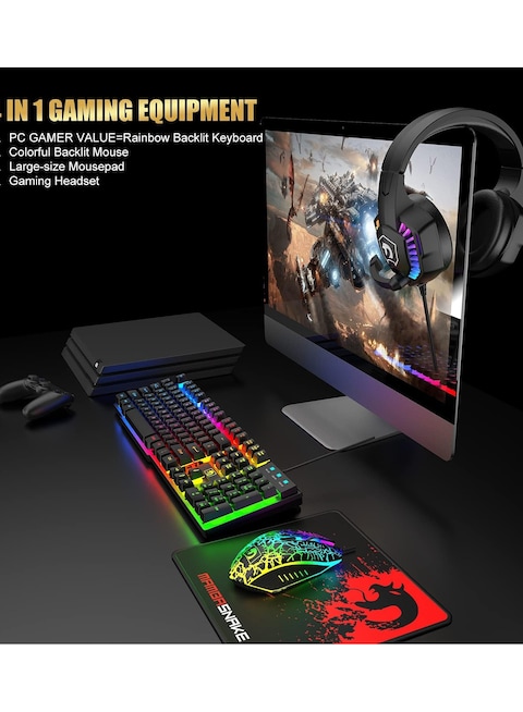 Yeasha,Gaming Keyboard And Mouse Headset Combo LED Backlit Wired Keyboard Over Ear Headphone With Mic