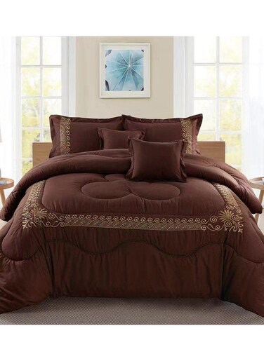 COMFY 6 PC EMBROIDERY FLORAL COTTON SOFT KINGSIZE COMFORTER SET BROWN
