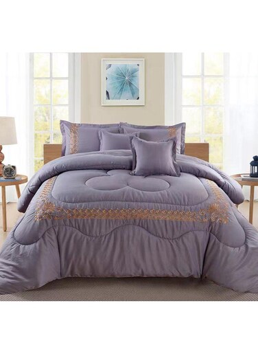 COMFY 6 PC EMBROIDERY FLORAL COTTON SOFT KINGSIZE COMFORTER SET LIGHT GREY