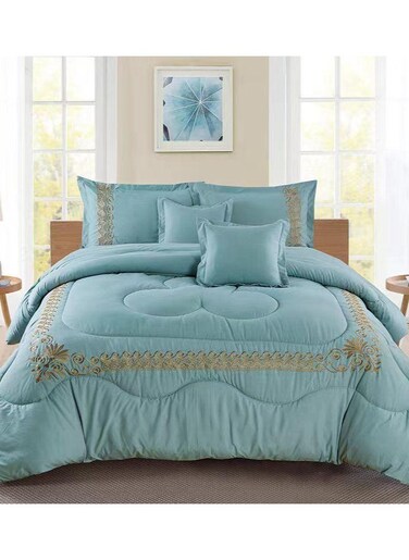 COMFY 6 PC EMBROIDERY FLORAL COTTON SOFT KINGSIZE COMFORTER SET LIGHT GREEN