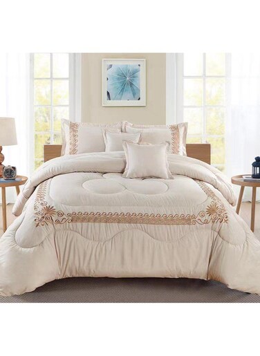 COMFY 6 PC EMBROIDERY FLORAL COTTON SOFT KINGSIZE COMFORTER SET CREAM