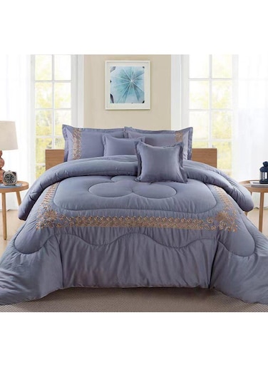 COMFY 6 PC EMBROIDERY FLORAL COTTON SOFT KINGSIZE COMFORTER SET GREY