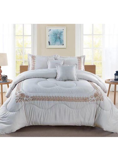 COMFY 6 PC EMBROIDERY FLORAL COTTON SOFT KINGSIZE COMFORTER SET WHITE