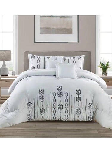 COMFY 6 PC EMBROIDERY COTTON SOFT KINGSIZE COMFORTER SET WHITE