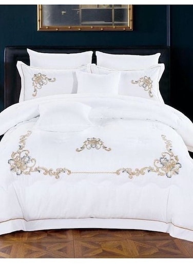 DREAM BELL 6 PC KINGSIZE PURE COTTON COMFORTER SET WHITE EMBROIDERY