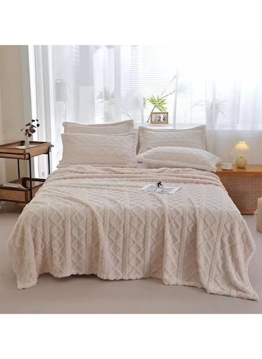 COMFY SOFT &amp; FLUFFY 3PCS BLANKET SET KINGSIZE, 1 BLANKET &amp; 2 PC PILLOW COVER - CREAM