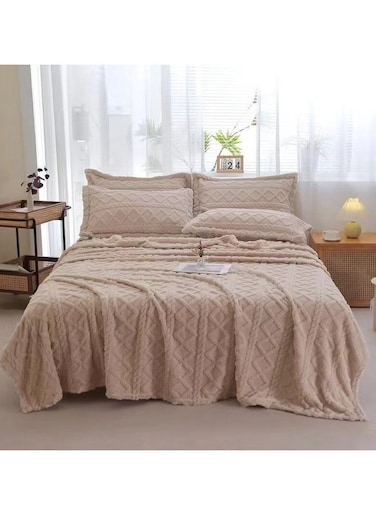COMFY SOFT &amp; FLUFFY 3PCS BLANKET SET KINGSIZE, 1 BLANKET &amp; 2 PC PILLOW COVER - BEIGE
