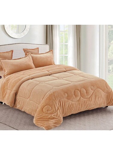 COMFY FAUX FUR 6PC KING SIZE ROYALTY COLLECTION BEIGE SOFT COMFORTER SET