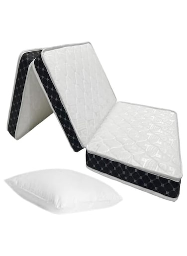 COMFY Portable White Satin Folding Premium Mattress With Black Border + 1 Pillow 180x90x7 Cm