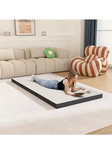 DREAM BELL PORTABLE WHITE FOLDING KNITTED COTTON MATTRESS WITH BLACK BORDER 180 X 90 X 10CM