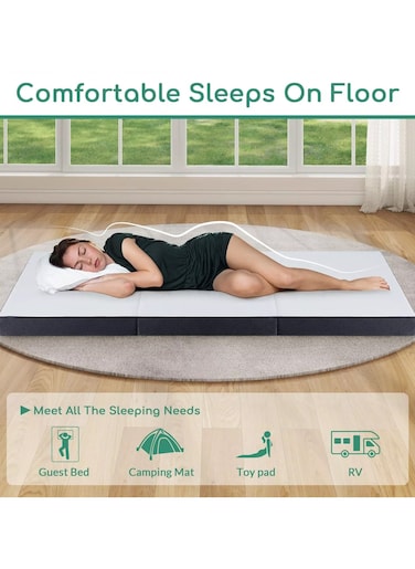 DREAM BELL WHITE TRI FOLD PORTABLE MEDICATED MATTRESS WITH BLACK BORDER 180 X 90 X 7 CM