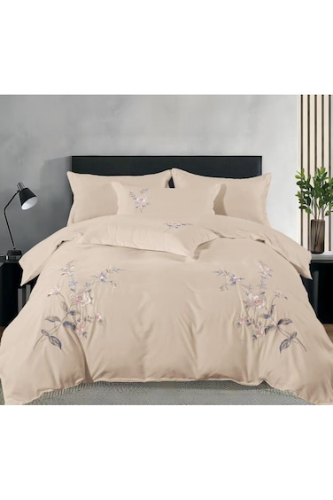 Comfy 6Pc Embroidered Royal Collection Cotton Floral King Size Beige Comforter Set