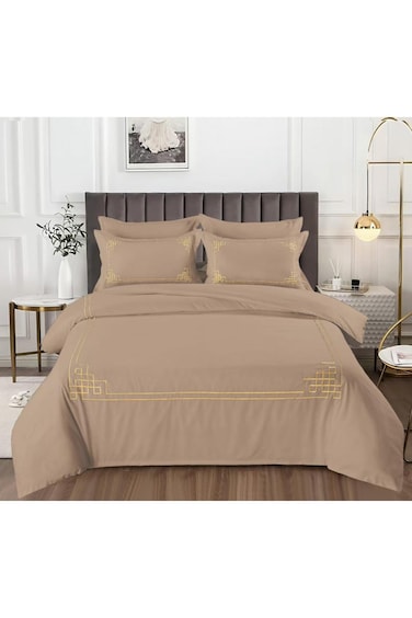 Comfy 6 Pc Cotton Ultra Soft Geometric King Size Brown Embroidered Comforter Set