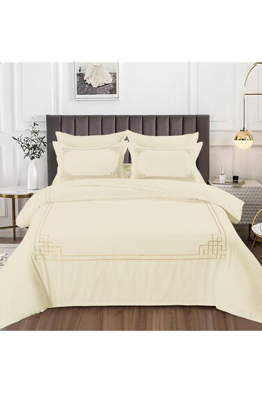 Comfy 6 Pc Cotton Ultra Soft Geometric King Size Cream Embroidered Comforter Set