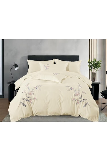 Comfy 6Pc Cotton Embroidered Cream Luxurious Floral King Size Comforter Set