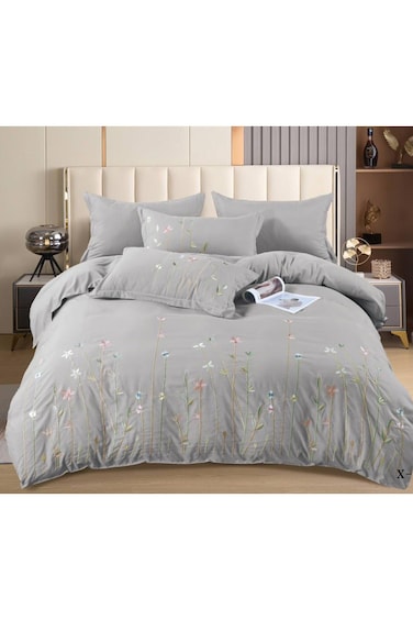 Comfy 6Pc Cotton Luxurious Embroidered Floral Grey King Size Comforter Set