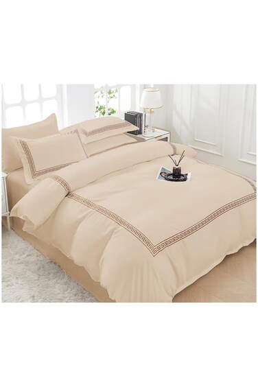 Comfy 6Pc UltraSoft Cotton King Size Geometric Design Embroidered Light Beige Comforter Set