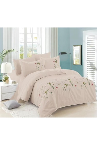 Comfy 6Pc Beige UltraSoft Cotton Floral King Size Embroidered All Season Comforter Set