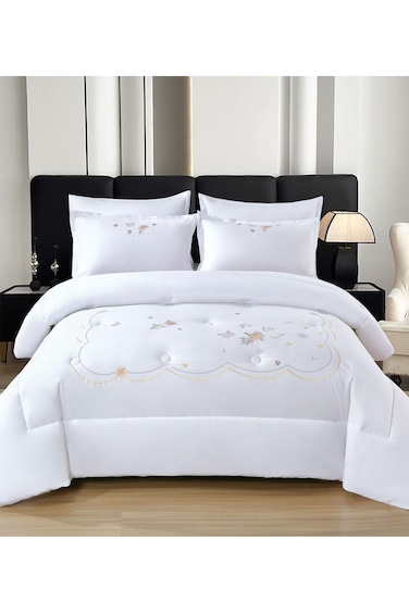 Comfy King Size Royalty Collection Floral Embroidered White Cotton 6Piece Comforter Set