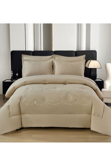 Comfy King Size Royalty Collection Floral Embroidered Beige Cotton 6Pc Comforter Set