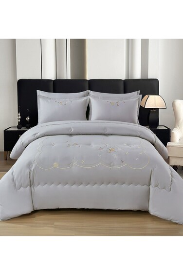 Comfy King Size Royalty Collection Floral Embroidered Grey Cotton 6Pc Comforter Set