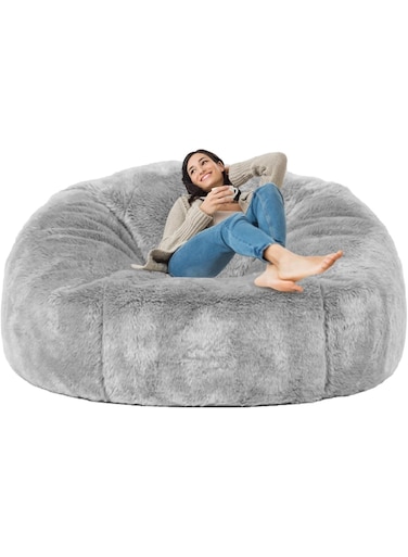 Comfy Giant Ultra XXL Soft &amp; Fluffy Silver Grey Fur Cocoon Bean Bag