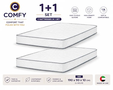 Comfy Set of 2 Pcs White Ortho Support 190 x 90 x 10 Cm Mattress with Black Piping Border