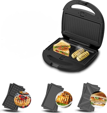 3 in 1 Sandwich Maker &ndash; Waffle, Sandwich &amp; Grill Maker with Removable Non-Stick Plates, 2 Slice Electric Breakfast Maker