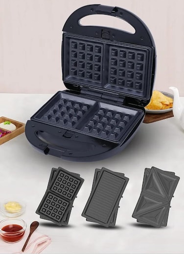 Electric 3-in-1 Sandwich Maker &ndash; 2 Slice Waffle, Grill &amp; Toastie Maker with Removable Plates