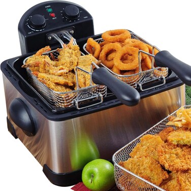 Double Deep Fryer 4L Stainless Steel   Dual Basket Fryer with Adjustable Thermostat, 2 Control Knobs, Indicator Lights &amp; Removable Non-Stick Inner Tanks