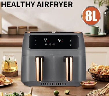 Everlyn 8L Healthy Digital Air Fryer Double Door   2800W Powerful Oil-Free Air Fryer with Touch Screen   Dual Zone Multi-Function Electric Mini Oven