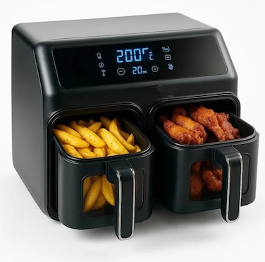 Double Basket Air Fryer 9L (4.5L + 4.5L) Digital Touch   Oil-Free Hot Air Fryer with Visual Window &amp; Automatic Mixing   Dual Zone Multi-Function Roast Bake Grill Fry