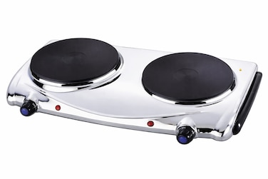 Portable Double Hot Plate Cooker Heavy Duty, Dual Burner Aluminum Electric Cooktop with Temperature Control, Compact Stainless Steel Hot Plate