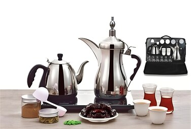 Arabic Coffee Maker Set with Glass &amp; Accessories Bag &ndash; Traditional Dallah Style Coffee Pot for Arabic &amp; Turkish Coffee, Portable Set for Home, Travel &amp; Gifting