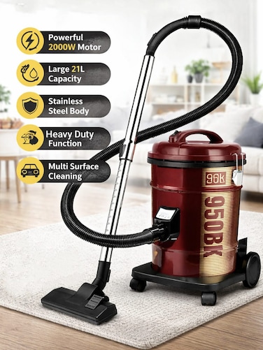 Drum Vacuum Cleaner 2000W &ndash; Powerful Wet &amp; Dry Cleaning, 21L Large Tank, Extra Long Cord, Removable Filter with Brush Head for Carpet, Floor, Home, Office &amp; Mosque