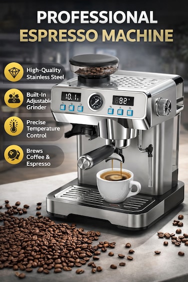 20 Bar Professional Espresso Coffee Machine with Digital Display &ndash; 51mm Boiler System, Brew, Clock Bar High Pressure Steam for Home &amp; Office