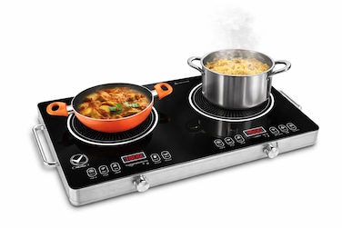 Portable Double Burner Infrared Cooker with LED Display, Touch &amp; Knob Control, Multi Power Levels, Compact Electric Cooktop for Home, Office &amp; Travel