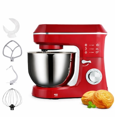 Electric Stand Mixer 6L with Stainless Steel Bowl &ndash; 6 Speed Kitchen Food Mixer, Dough Kneader &amp; Cake Beater with 2 Beaters &amp; 2 Dough Hooks for Baking Bread, Pizza &amp; Pastry