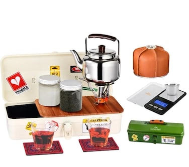 Camping Arabic Tea Set with Iron Storage Box &ndash; Portable Outdoor Tea Maker Kit with Stove, Cups &amp; Accessories 11Pcs   Luxury Camping Arabic Tea Set with Box