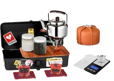 Complete Arabic Camping Tea Set 11 Piece &ndash; Portable Tea Stove Kit with Shock-Resistant Iron Box &amp; Travel Accessories  Luxury Camping Arabic Tea Set with Box