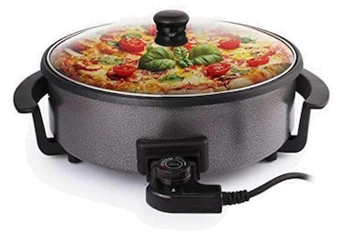 42cm Electric Pizza Pan 1500W Non-Stick Multi-Purpose Cooker with Glass Lid &ndash; Large Electric Skillet for Frying, Roasting, Stewing &amp; Baking   Deep Dish, Cool-Touch Handles, Easy Clean