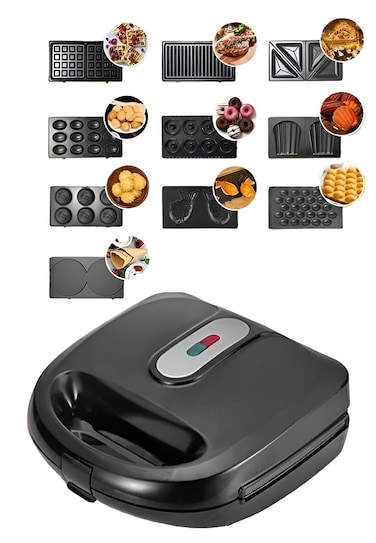 Everlyn 10 in 1 Sandwich Maker 750W Multi-Function Snack Maker with Interchangeable Plates – Waffle, Grill, Donut, Sandwich, 5 Cookie Shapes & Nut Maker and Many More