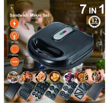 Everlyn 7 in 1 Multi-Function Snack Maker with Non-Stick Removable Plates – Sandwich, Grill, Waffle, Donut, Pancake, Cookie & Cupcake   Easy Clean, Dishwasher Safe