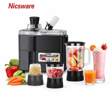Nicsware Professional 4 in 1 Electric Food Processor Blender   400W Multi-Function Kitchen Juicer, Grinder, Chopper &amp; Dough Mixer with Glass Jar and Stainless Steel Blades