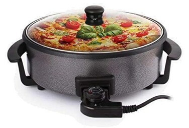 Electric Pizza Pan 42cm 1500W Non-Stick Multi Cooker with Glass Lid, Large Deep Dish Electric Skillet for Pizza, Frying Pan, Roasting, Stewing, Baking, Grilling, Portable Cooker